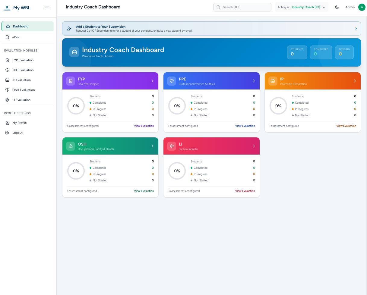 Industry Coach dashboard — supervise students by module